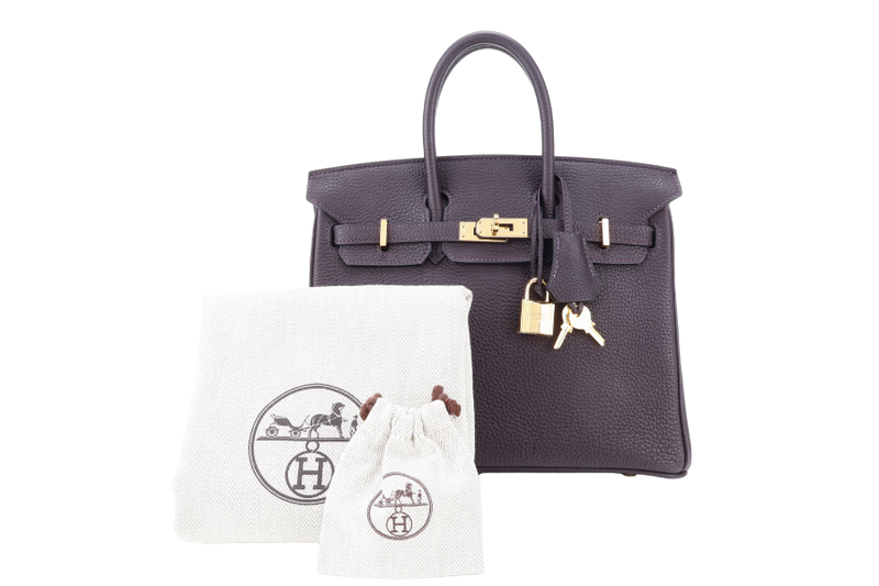HERMES BIRKIN 25 STAMP T (YEAR 2015) RAISIN COLOR TOGO LEATHER GOLD HARDWARE WITH KEYS, LOCK AND DUST COVER