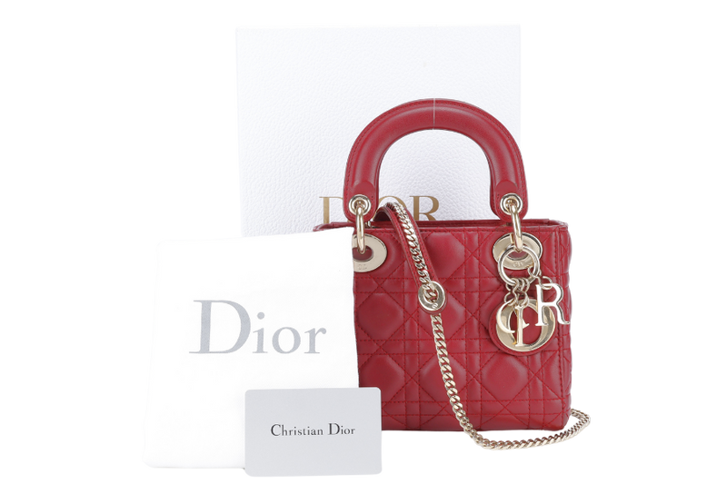 CHRISTIAN DIOR LADY DIOR MINI MAROON GOLD HARDWARE WITH CARD, DUST COVER AND BOX