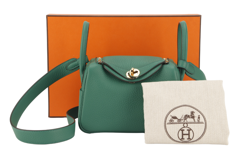 HERMES MINI LINDY STAMP W (YEAR 2024) VERT VERTIGO CLEMENCE GOLD HARDWARE  WITH DUST COVER AND BOX