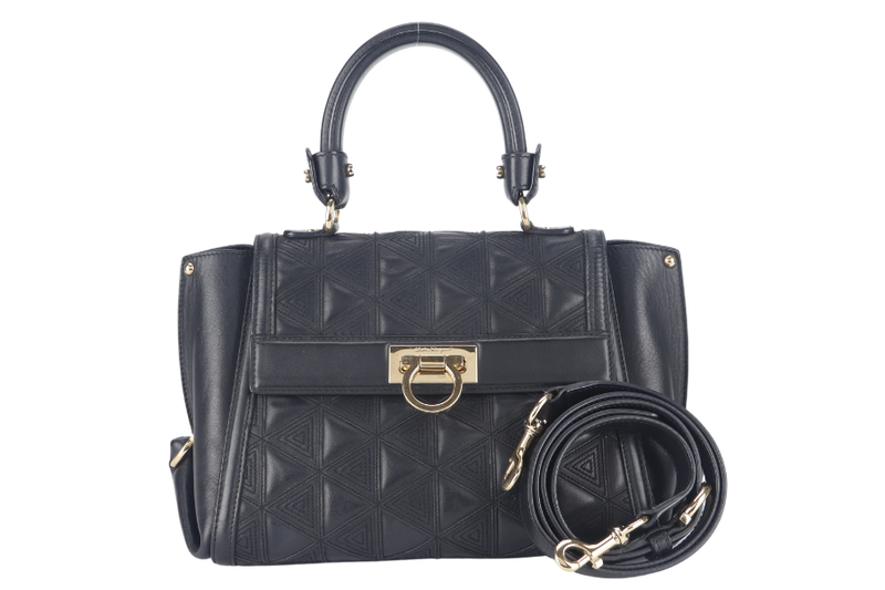 SALVATORE FERRAGAMO SOFIA TOP HANDLE MEDIUM BLACK SATCHEL LEATHER GOLD HARDWARE