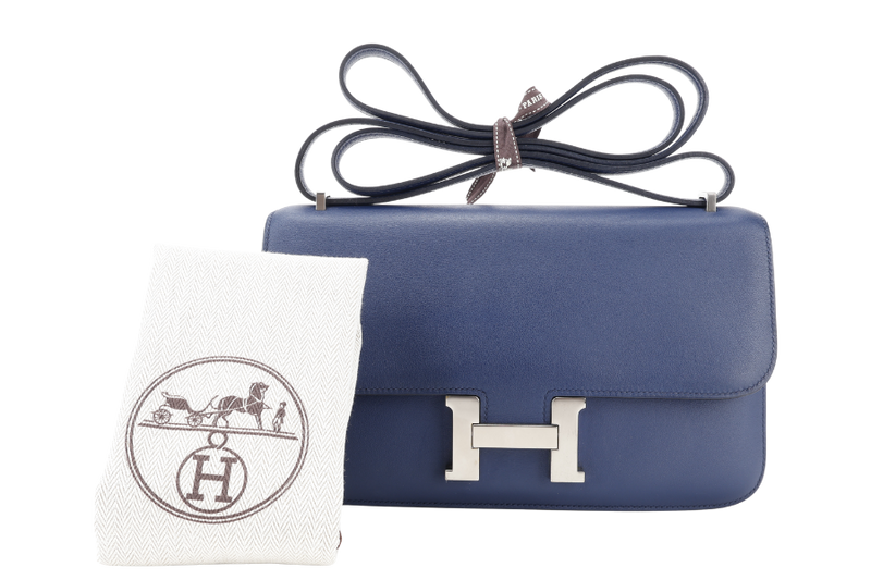 HERMES CONSTANCE ELAN STAMP T (YEAR 2015) BLUE SAPPHIRE SWIFT LEATHER SILVER HARDWARE WITH DUST COVER
