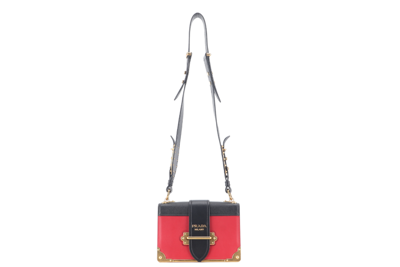 PRADA CAHIER SHOULDER BAG RED, BLACK SAFFIANO LEATHER NO DUST COVER