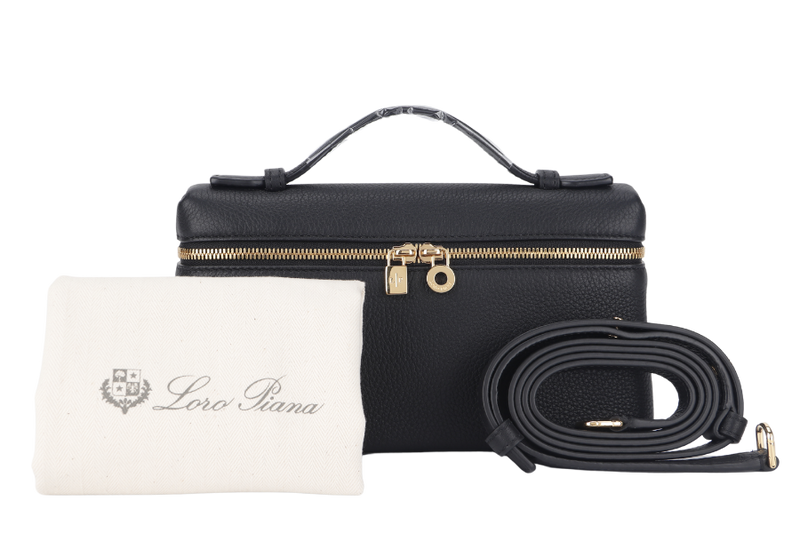 [SOLD]LORO PIANA EXTRA POCKET POUCH L19 BLACK GRAINED CALFSKIN WITH STRAPS GOLD HARDWARE AND DUST COVER