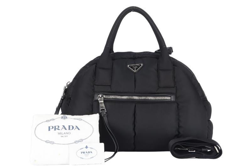 PRADA BOMBER TESSUTO 2 WAY BAG (BL0886) BLACK NYLON SILVER HARDWARE WITH DUST COVER , STRAP AND CARD