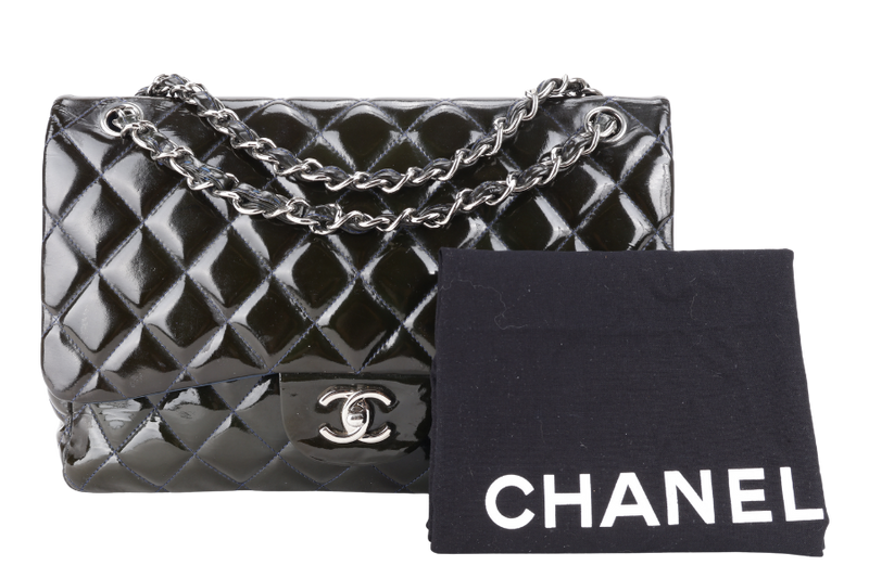 CHANEL CLASSIC DOUBLE FLAP BLUE JUMBO PATENT LEATHER SILVER HARDWARE (1442xxxx) WITH DUST COVER AND DUST COVER
