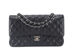 CHANEL CLASSIC FLAP (2618xxxx) MEDIUM BLACK CAVIAR SILVER HARDWARE NO CARD WITH DUST COVER AND BOX