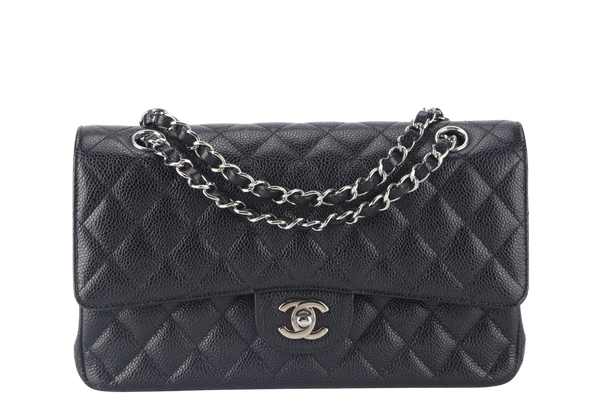 CHANEL CLASSIC FLAP (2618xxxx) MEDIUM BLACK CAVIAR SILVER HARDWARE NO CARD WITH DUST COVER AND BOX