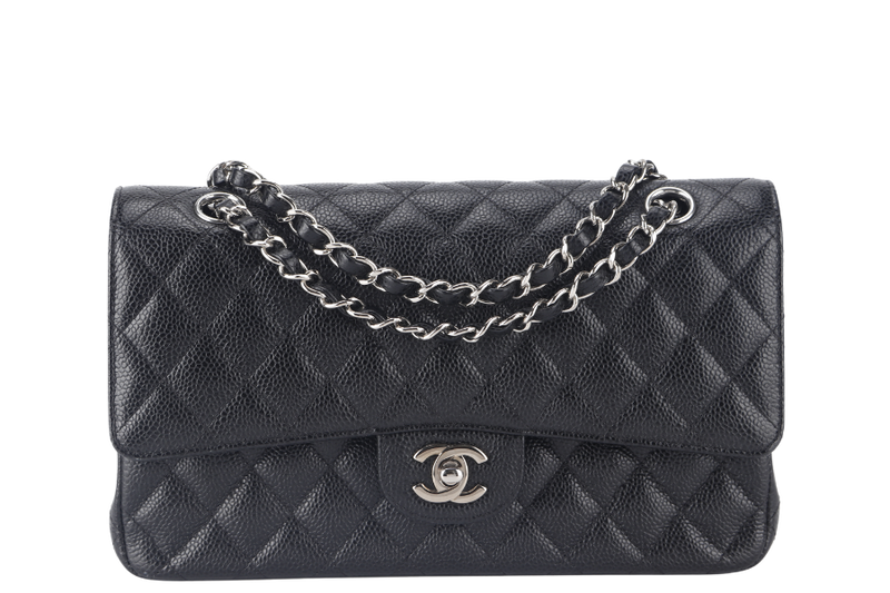 CHANEL CLASSIC FLAP (2618xxxx) MEDIUM BLACK CAVIAR SILVER HARDWARE NO CARD WITH DUST COVER AND BOX