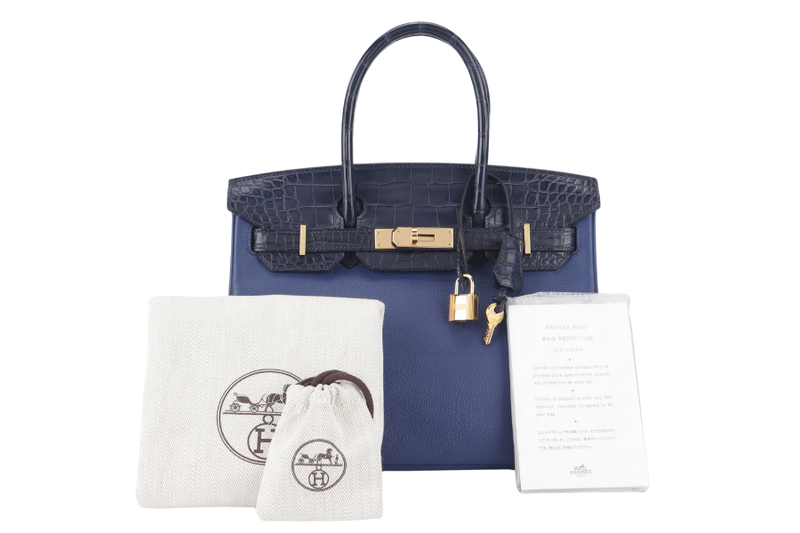 HERMES BIRKIN 30 STAMP C (YEAR 2018) TOUCH BLUE MARINE BLUE SAPPHIRE MATTE ALLIGATOR-NOVILLO LEATHER GOLD HARDWARE WITH KEYS,LOCK, RAINCOAT AND DUST COVER