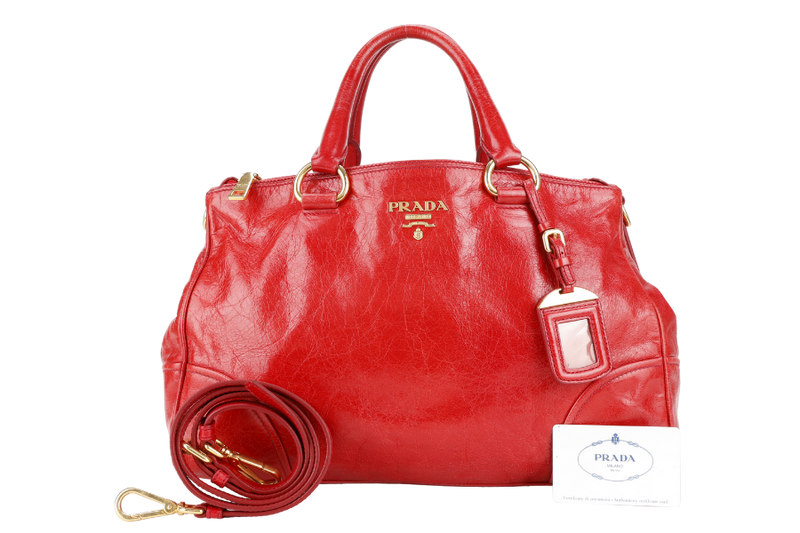 PRADA BR2324 VITELLO SHINE RED MEDIUM SATCHEL LEATHER 2WAYS BAG GOLD HARDWARE WITH CARD AND STRAPS