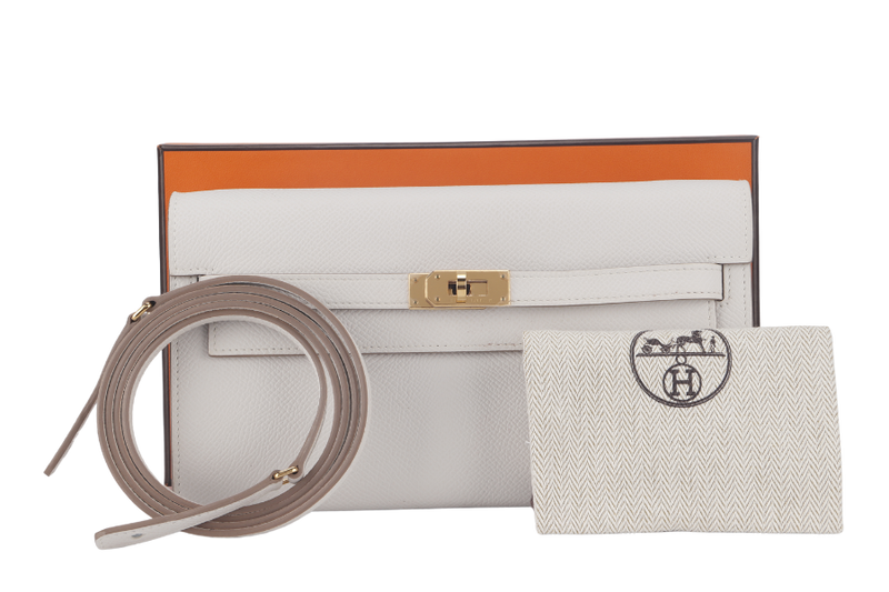 HERMES KELLY TO GO (STAMP B) GRIS PALE EPSOM LEATHER GOLD HARDWARE WITH STRAP, DUST COVER AND BOX