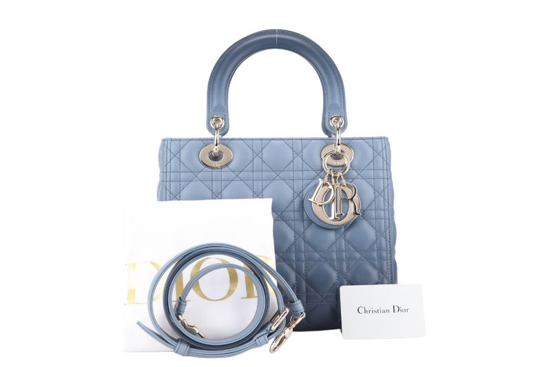 CHRISTIAN DIOR LADY DIOR MEDIUM BLUE GRADIENT SILVER HARDWARE WITH CARD, STRAPS AND DUST COVER