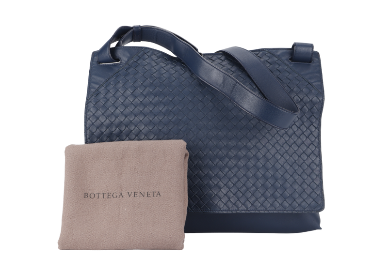 BOTTEGA VENETA INTRECCIATO NAPPA SHOULDER BAG (B070699484) LARGE BLUE LEATHER BLACK HARDWARE WITH DUST COVER