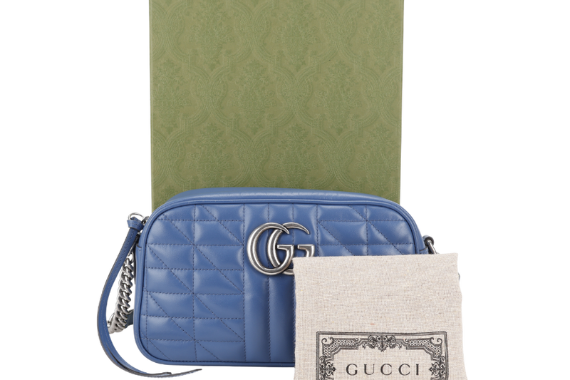 GUCCI MARMONT BLUE LEATHER CAMERA BAG SILVER HARDWARE WITH DUST COVER AND BOX