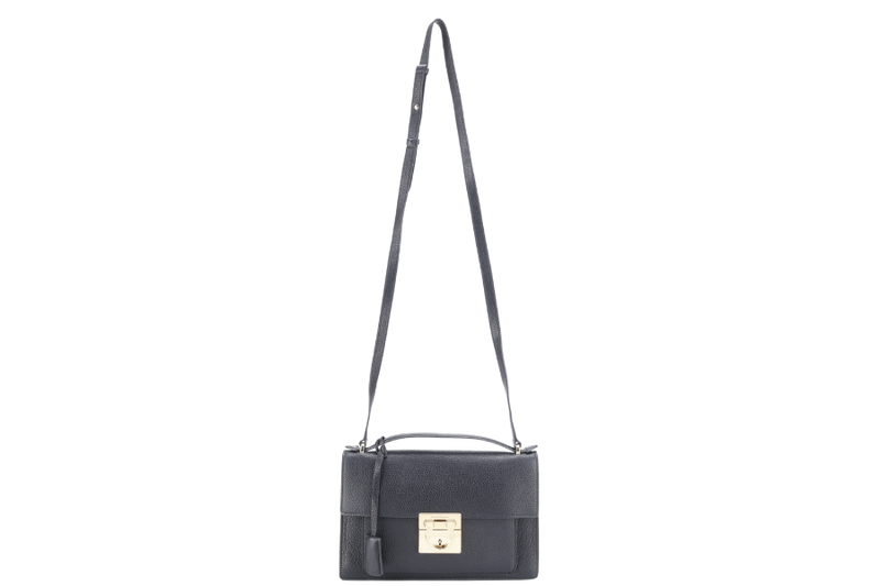 SALVATORE FERRAGAMO BLACK LEATHER GOLD HARDWARE WITH DUST COVER, BOX AND KEY POCHETTE