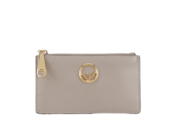 FENDI GREY LEATHER ZIP CARD HOLDER (8M0348) GOLD HARDWARE WITH DUST COVER