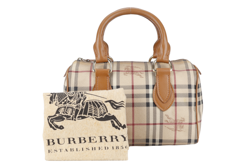 BURBERRY HAYMARKET CHECK CANVAS BROWN LEATHER BOSTON BAG GOLD HARDWARE WITH DUST COVER