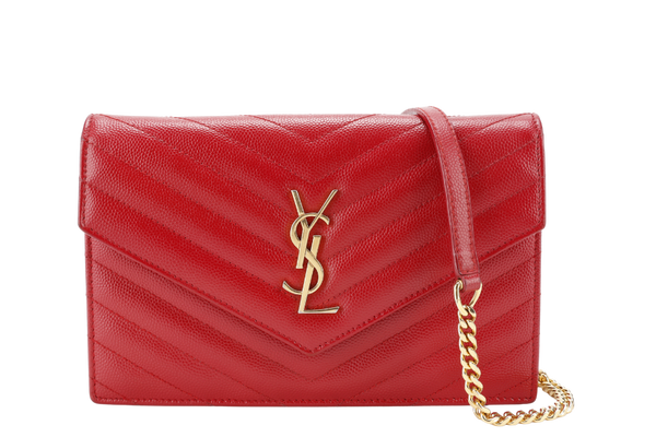 YVES SAINT LAURENT (YSL) ENVELOPE CHAIN WALLET RED CHEVRON QUILTED LEATHER WITH GOLD HARDWARE NO DUST COVER