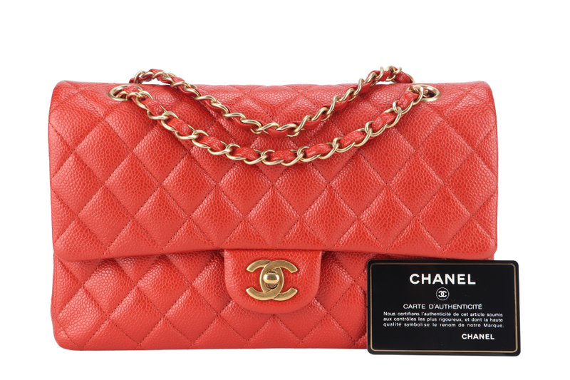 CHANEL CLASSIC FLAP MEDIUM ORANGE RED CAVIAR GOLD HARDWARE (2051xxxx) WITH CARD