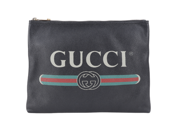 GUCCI BLACK LEATHER LOGO PRINT ZIP POUCH NO DUST COVER