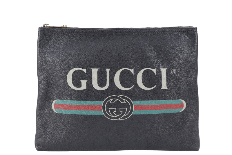 GUCCI BLACK LEATHER LOGO PRINT ZIP POUCH NO DUST COVER