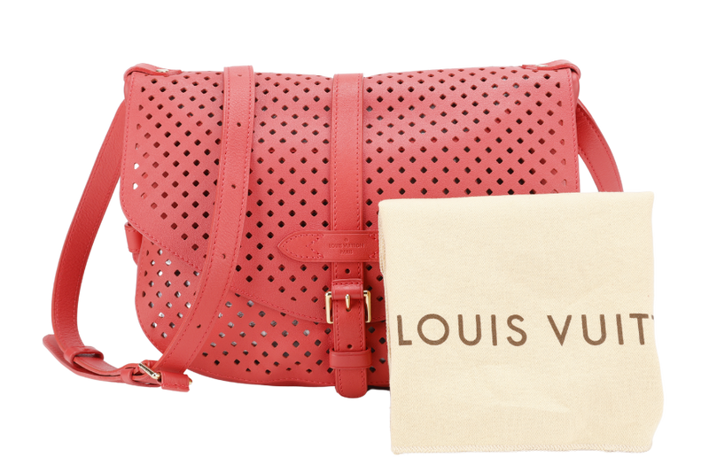 LOUIS VUITTON M93996 PERFORATED SAUMUR RED LEATHER GOLD HARDWARE WITH DUST COVER
