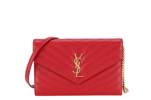 YVES SAINT LAURENT (YSL) RED CAVIAR CHAIN WALLET GOLD HARDWARE NO DUST COVER