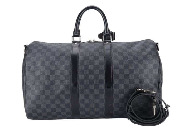 LOUIS VUITTON N41418 KEEPALL BANDOULIERE 45 DAMIER GRAPHITE CANVAS SILVER HARDWARE WITH STRAPS NO DUST COVER