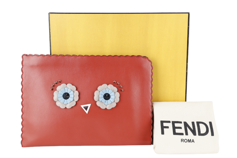 FENDI BUG'S EYE LEATHER CLUTCH BRICK COLOR WITH DUST COVER AND BOX