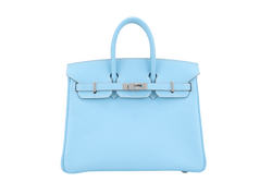 HERMES BIRKIN 25 BLUE CELESTE, BLUE THALASSA EPSOM LEATHER SILVER HARDWARE STAMP O (YEAR 2011) NO KEYS, NO LOCK WITH DUST COVER