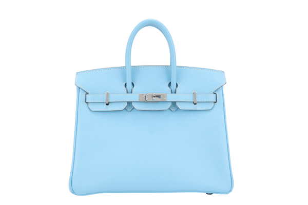 HERMES BIRKIN 25 BLUE CELESTE, BLUE THALASSA EPSOM LEATHER SILVER HARDWARE STAMP O (YEAR 2011) NO KEYS, NO LOCK WITH DUST COVER