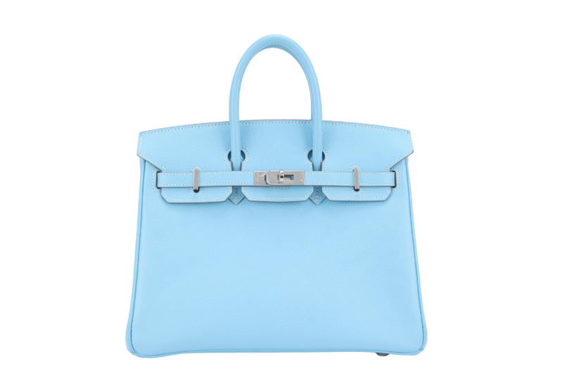 HERMES BIRKIN 25 BLUE CELESTE, BLUE THALASSA EPSOM LEATHER SILVER HARDWARE STAMP O (YEAR 2011) NO KEYS, NO LOCK WITH DUST COVER