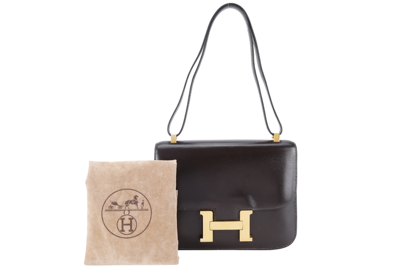 HERMES VINTAGE CONSTANCE 23 DARK BROWN BOX LEATHER GOLD HARDWARE STAMP Z (1970) WITH DUST COVER