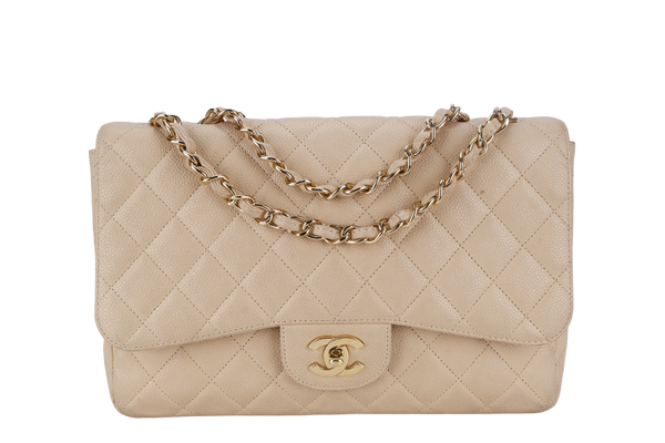 CHANEL CLASSIC FLAP BAG JUMBO BEIGE CAVIAR LEATHER GOLD HARDWARE (1293xxxx) NO DUST COVER