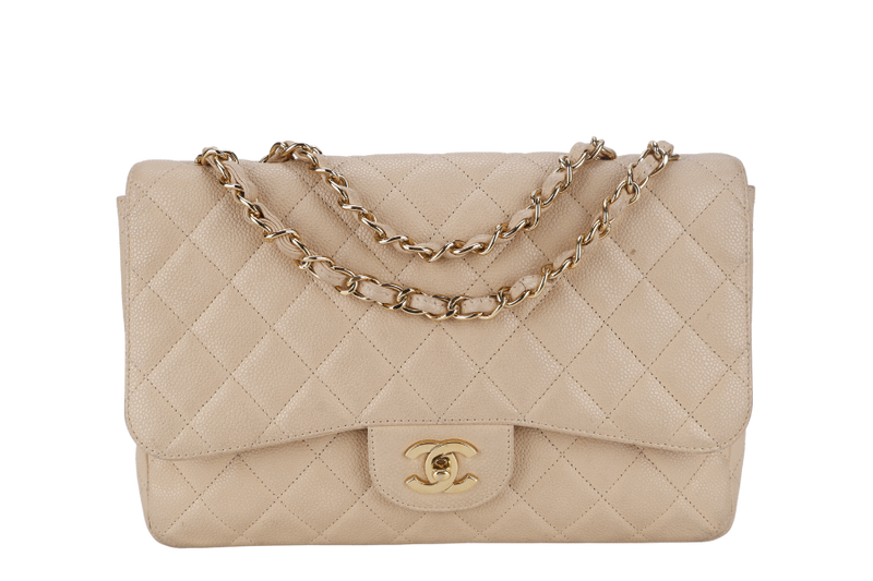 CHANEL CLASSIC FLAP BAG JUMBO BEIGE CAVIAR LEATHER GOLD HARDWARE (1293xxxx) NO DUST COVER