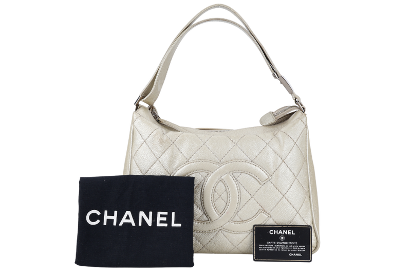 CHANEL VINTAGE CC HOBO LIGHT METALLIC GOLD CAVIAR SILVER HARDWARE 1057xxxx WITH CARD AND DUST COVER