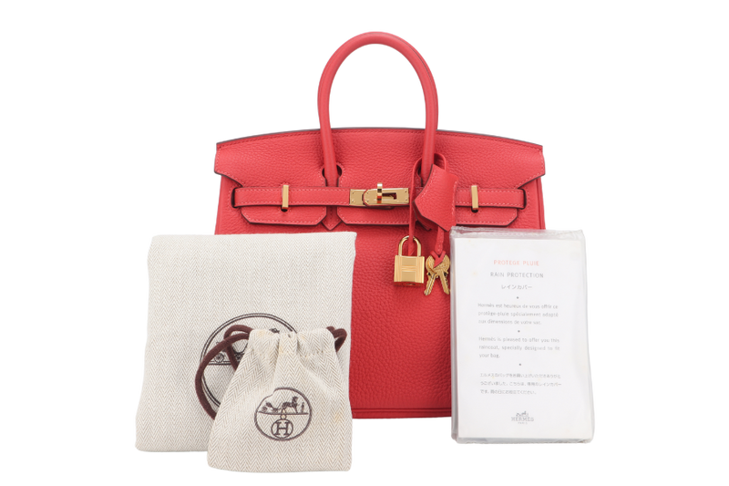 HERMES BIRKIN 25 ROUGE PIVOINE TOGO GOLD HARDWARE STAMP C (YEAR 2018) WITH KEYS, LOCK, RAINCOAT AND DUST COVER