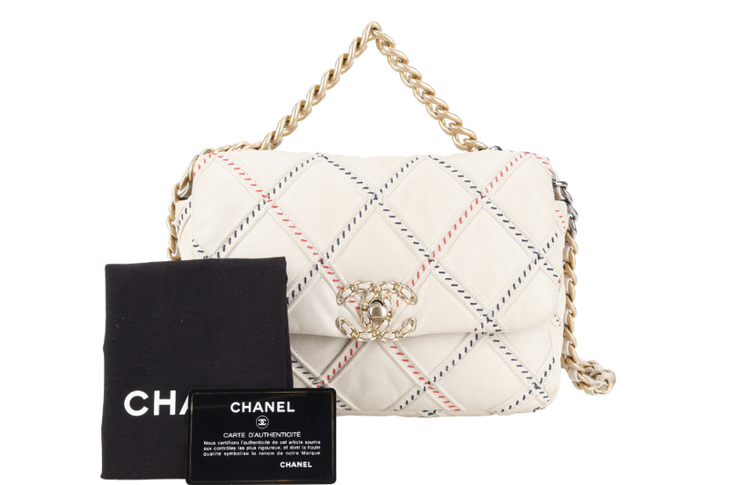 CHANEL 19 MIXED FIBER MEDIUM (3115xxxx) CREAM LAMSBKIN LEATHER GOLD HARDWARE WITH CARD AND DUST COVER
