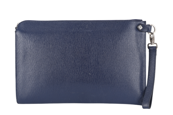 SALVATORE FERRAGAMO CLUTCH BAG (FZ-24-9406) BLUE LEATHER SILVER HARDWARE WITH WRIST STRAPS NO DUST COVER