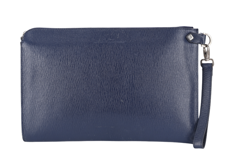 SALVATORE FERRAGAMO CLUTCH BAG (FZ-24-9406) BLUE LEATHER SILVER HARDWARE WITH WRIST STRAPS NO DUST COVER