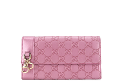 GUCCI GUCCISIMA HEART CHARM PINK LEATHER LONG WALLET GOLD HARDWARE WITH DUST COVER