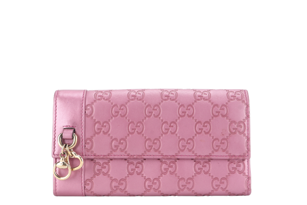 GUCCI GUCCISIMA HEART CHARM PINK LEATHER LONG WALLET GOLD HARDWARE WITH DUST COVER
