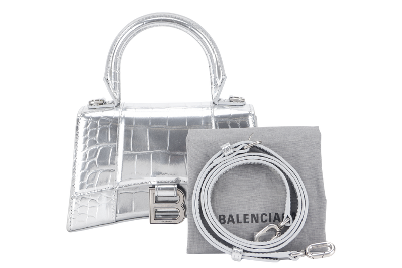 BALENCIAGA HOURGLASS XS SILVER METALLIC CROC-EFFECT LEATHER SILVER HARDWARE WITH SLING AND DUST COVER