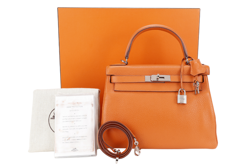 HERMES KELLY 28 RETOURNE ORANGE CLEMENCE LEATHER SILVER HARDWARE STAMP X (YEAR 2016) WITH LONG STRAP, LOCK&KEYS , DUST COVER, RAINCOAT AND BOX