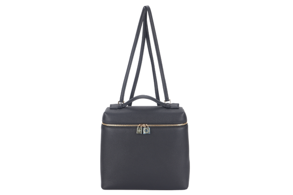 LORO PIANA EXTRA POCKET BACKPACK BLACK GRAINED CALFSKIN GOLD HARDWARE WITH DUST COVER AND BOX