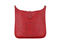 HERMES EVELYNE PM STAMP P RED CLEMENCE LEATHER SILVER HARDWARE WITH STRAP AND DUST COVER