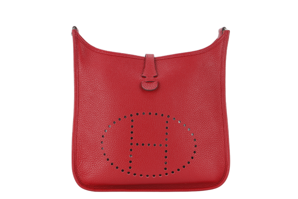 HERMES EVELYNE PM STAMP P RED CLEMENCE LEATHER SILVER HARDWARE WITH STRAP AND DUST COVER