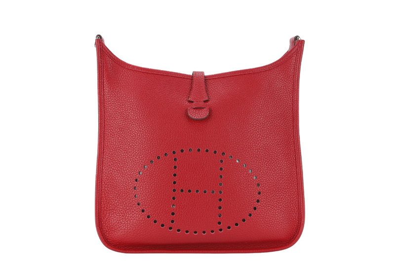 HERMES EVELYNE PM STAMP P RED CLEMENCE LEATHER SILVER HARDWARE WITH STRAP AND DUST COVER