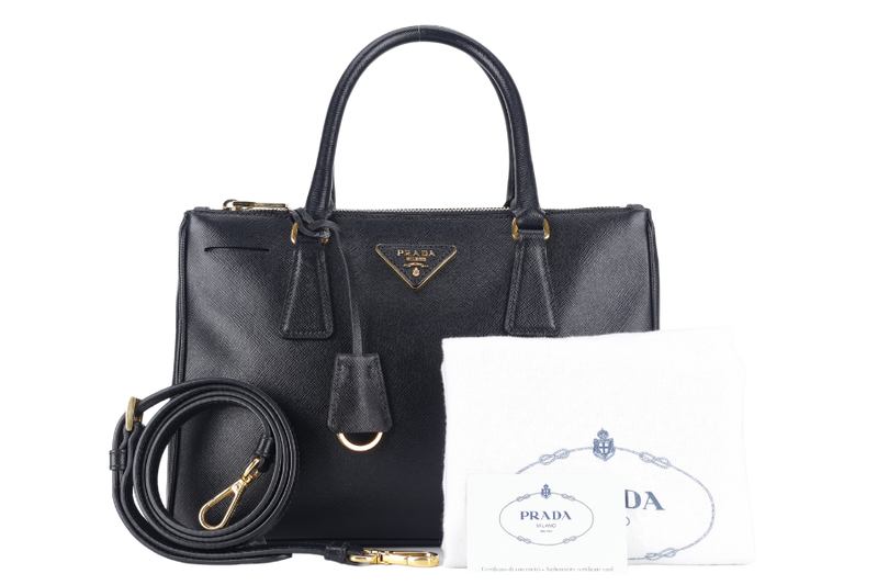 PRADA BN1801 DOUBLE ZIP SATCHEL BAG BLACK SAFFIANO LEATHER GOLD HARDWARE WITH STRAPS, CARD AND DUST COVER