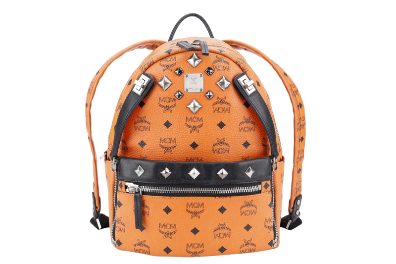 MCM STARK DUAL BACKPACK ORANGE-BLACK LEATHER SILVER HARDWARE NO DUST COVER